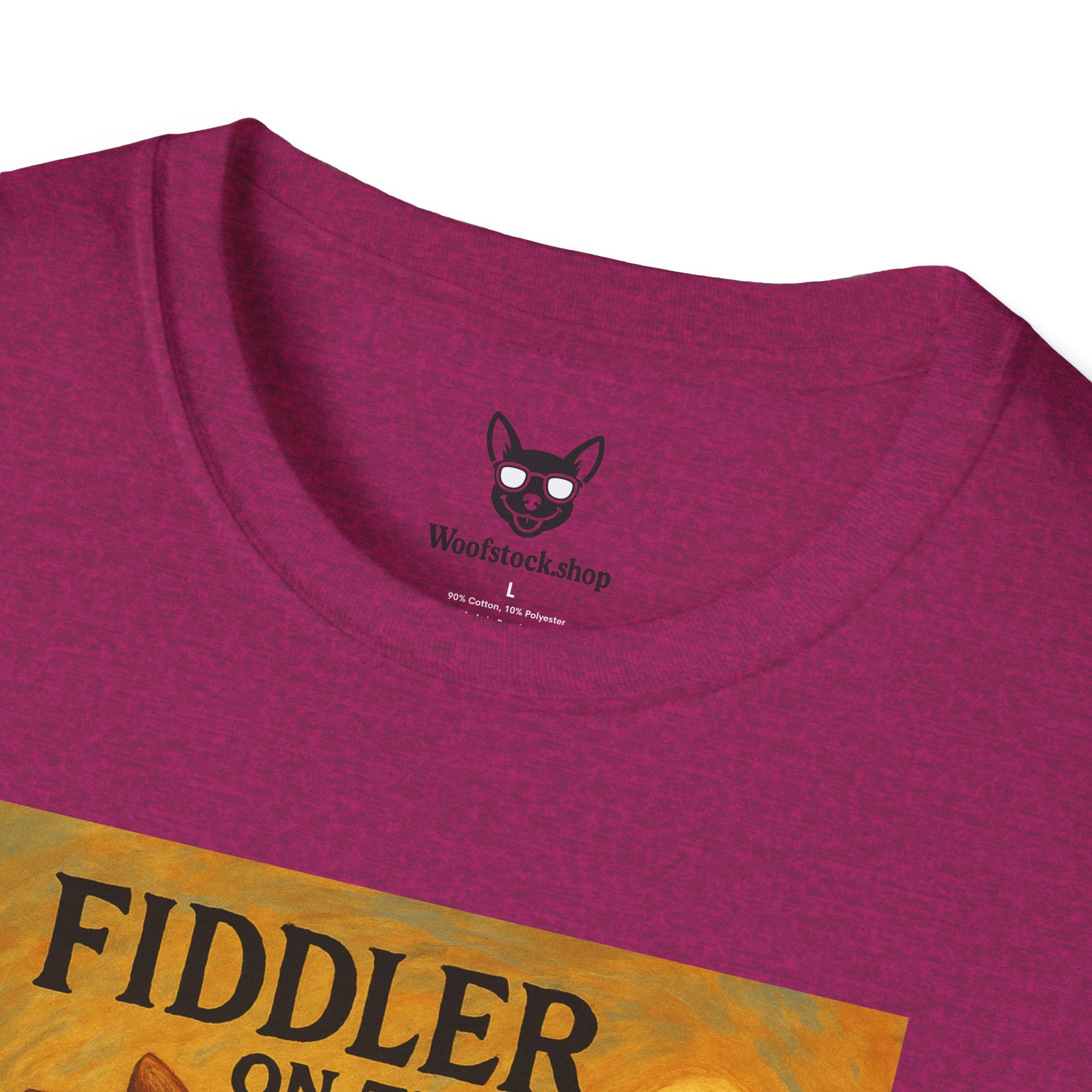Fiddler on the Woof Broadway Poster Dog Parody Unisex Softstyle T-Shirt -- Funny Broadway Movie Tee for Theater and Dog Lovers